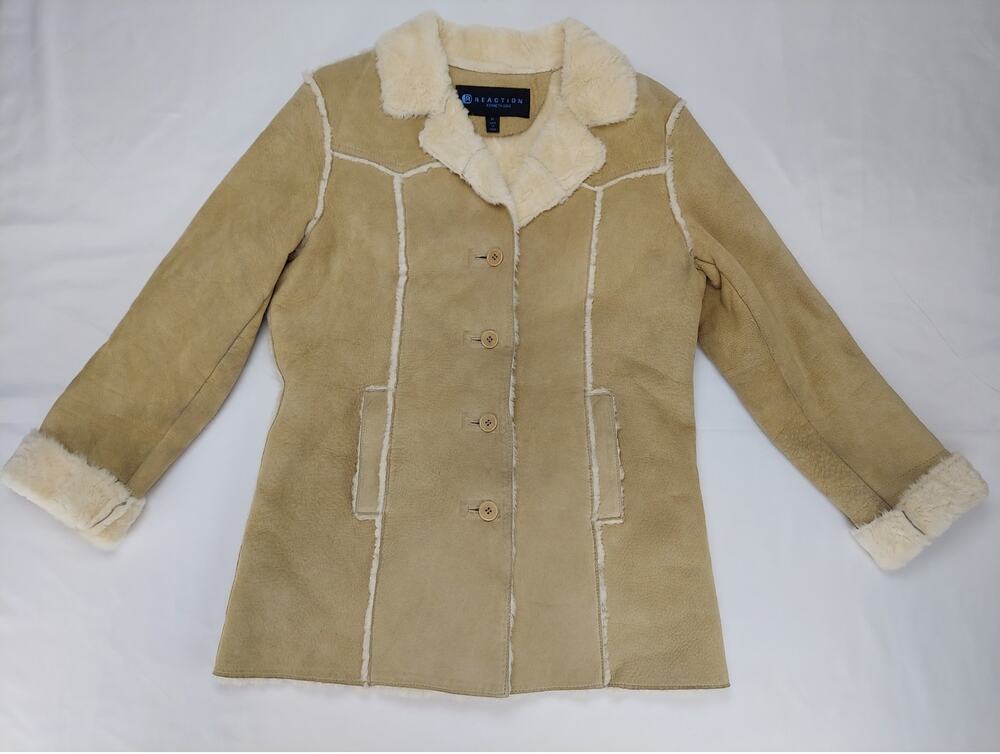 Kenneth Cole Reaction Y2K Sherpa Suede Leather Lined Jacket Beige Womens M
